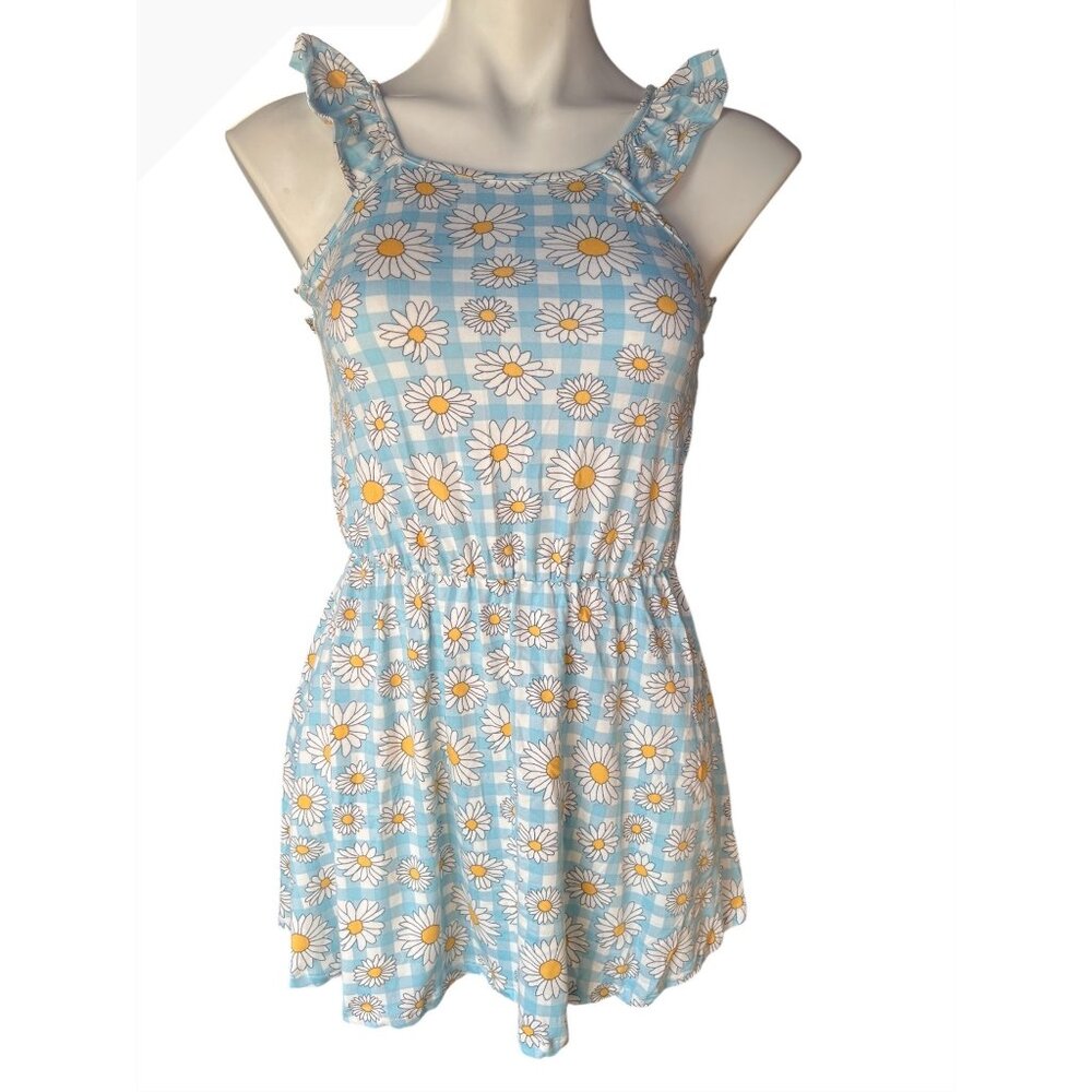 Shosho Romper Womens Size 10 Blue & White Daisy Checkered Ruffled Straps